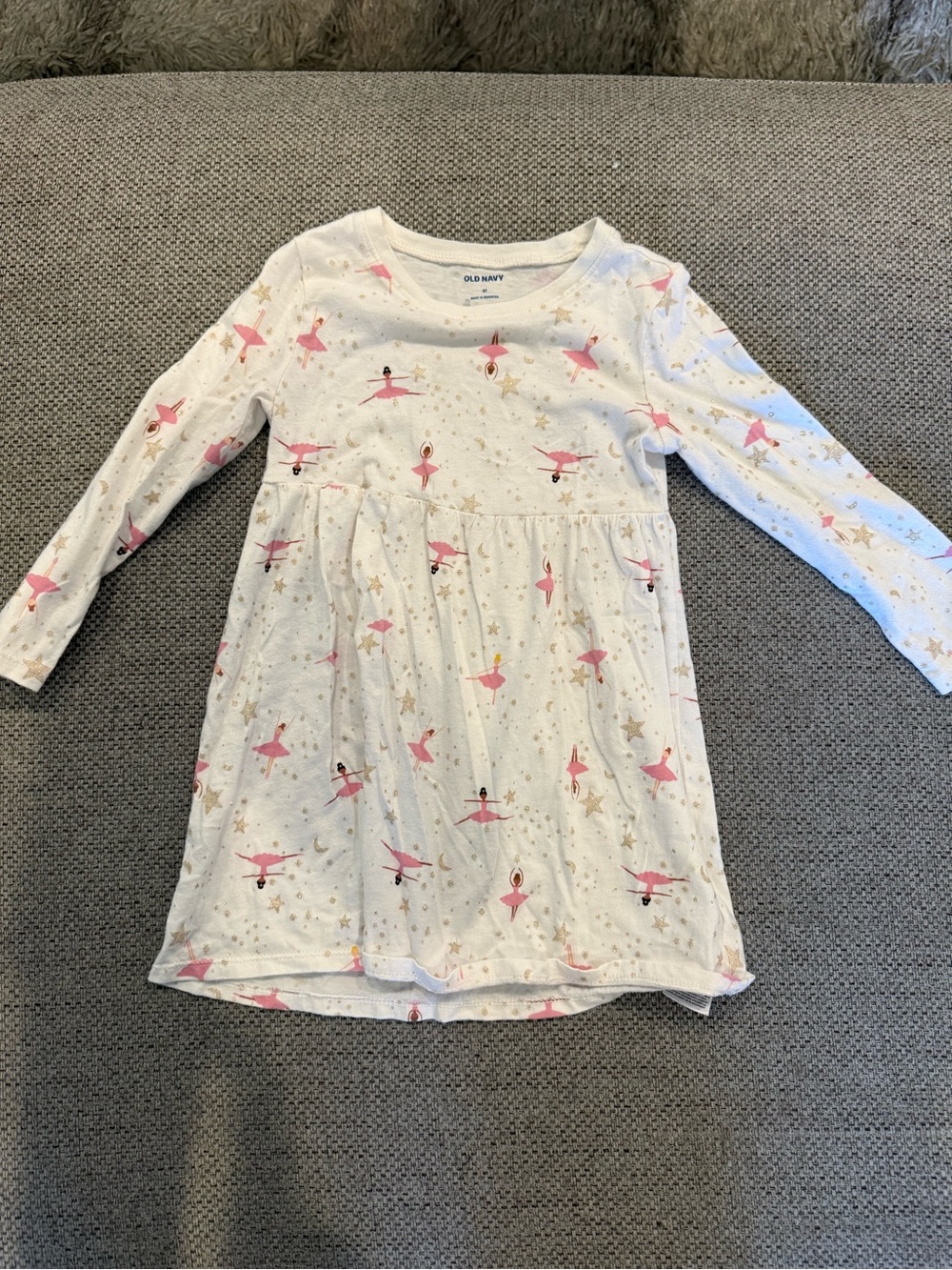 Old Navy Girls Ballerina Print Fit & Flare Long Sleeve Dress White Pink Knee 3T